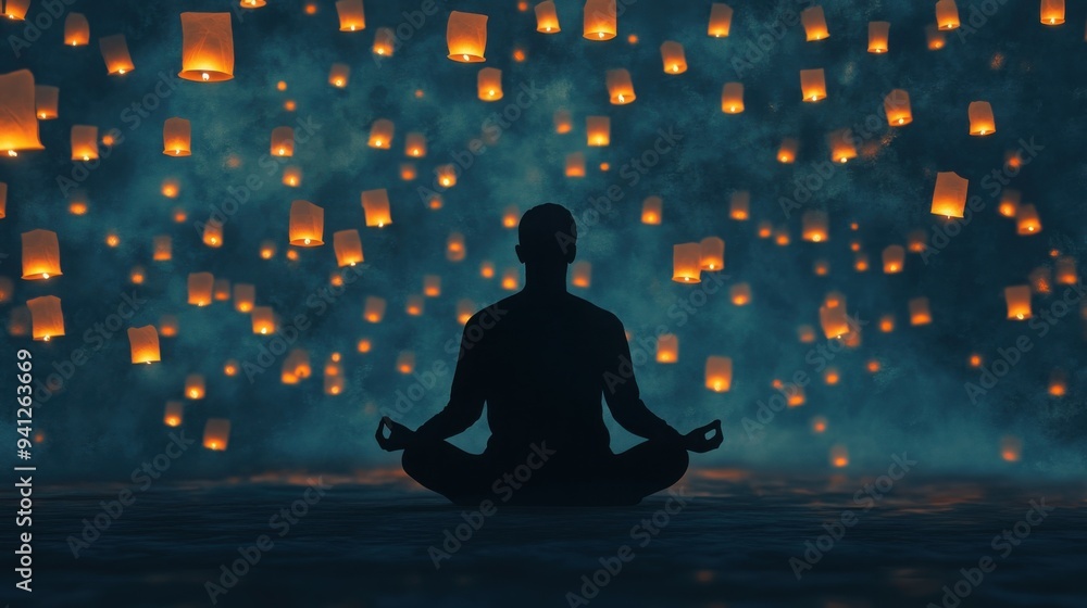 Poster a figure meditating in a dark room filled with floating lanterns, each lantern representing a though