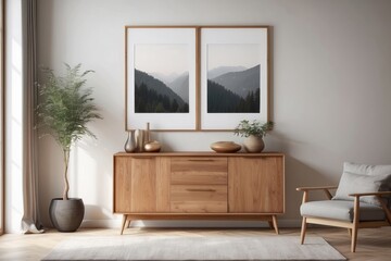 Minimalist Living Room with Wooden Sideboard and Mountain Landscape Artwork
