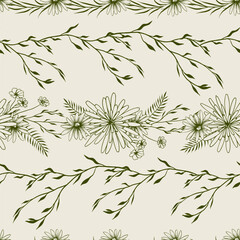 Seamless floral pattern. Hand drawn line art ornaments on beige background. Simple minimalistic vector contour graphics.