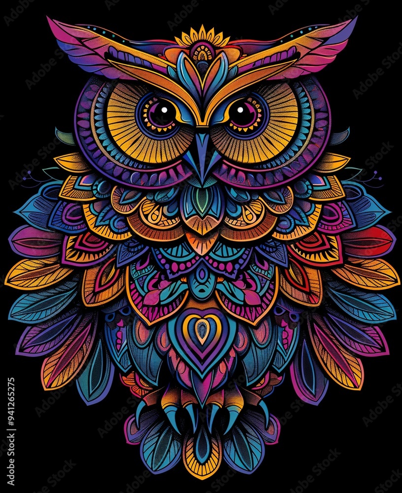 Wall mural vibrant abstract owl with intricate feather patterns and colorful details on a dark background
