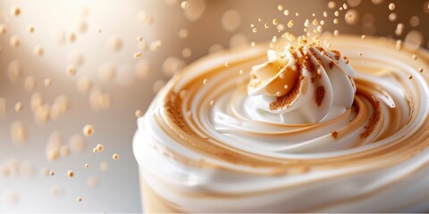 Swirled cream topping with caramel drizzle and floating caramel bits. Dessert decoration concept. Copy space