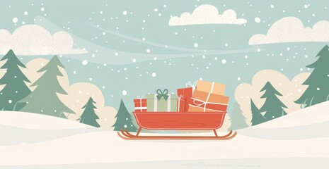Naklejka premium In a tranquil winter setting, a red sled brimming with vibrant presents represents the happiness of the festive period, as soft snowflakes gently descend, enhancing the serene atmosphere