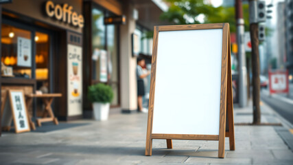Blank Aframe sign on sidewalk outside Japanese cafe