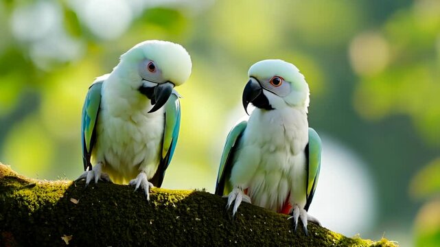Beautiful parrots perched on a mossy branch in a serene forest setting during the golden hour