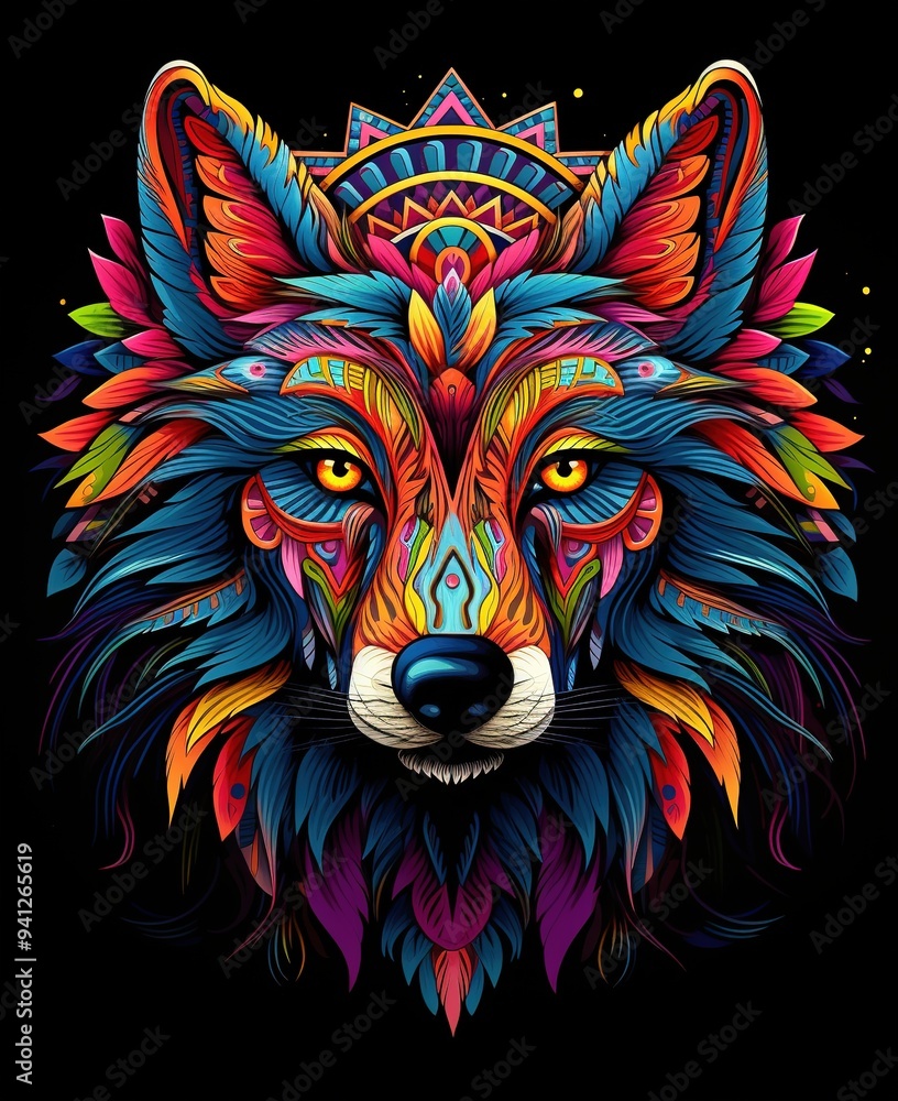 Wall mural vibrant abstract wolf head with intricate patterns and colorful geometric designs on a dark backgrou