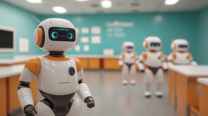 A futuristic classroom with AI-driven robots providing personalized assistance to children with autism, featuring adaptive learning modules and calming environments