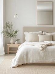Minimalist bedroom with soft neutral tones, a cozy bed, and natural decor including greenery and simple furniture