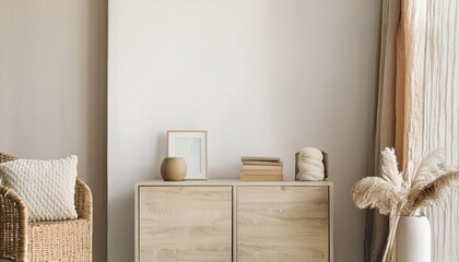 Scandi-Boho Living Room Interior with Wall Mockup - 3D Render