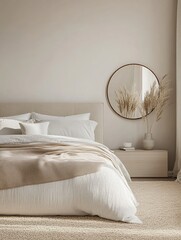 Minimalist bedroom with neutral tones, featuring a cozy bed with soft linens, a round mirror, and natural decor elements, creating a serene atmosphere