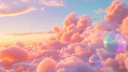 Rainbow Colored Soap Bubbles Cloudscape Background. Fluffy Soothing Unicorn Fairytale Wallpaper. Pink Sunset, Sunrise over Water. Rainbow Airy Flying Soap Bubbles. Gradient Sky Romantic Cloudscape.