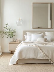 Minimalist bedroom with soft, neutral tones, featuring a cozy bed, a wooden bedside table, and simple decor including fresh greenery