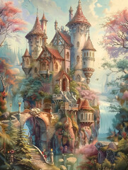 Fototapeta premium A beautiful painting depicting a whimsical fairy house situated in the midst of an enchanting forest, with a butterfly gracefully flying above it
