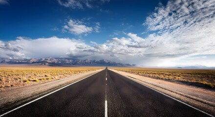 Empt Road leading trough dessert mountains and blu sky wiyh clouds in background 