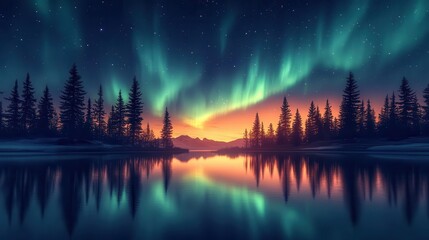 spectacular aurora borealis dancing across starry night sky vibrant greens and purples reflected in still northern lake silhouette of pine forest in foreground