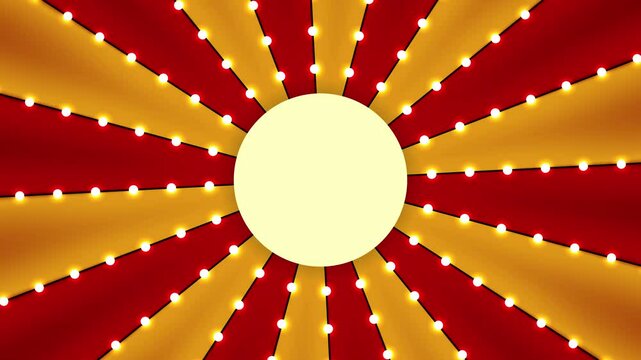 Circus animated rotation looped background of red and gold lines stripe with star constellations light bulbs tinsel. Retro motion graphic sun beam ray. Circle for your text in centre. Fun fair burst.