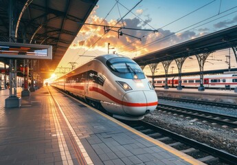 Fototapeta premium High-Speed Train at Sunset Station