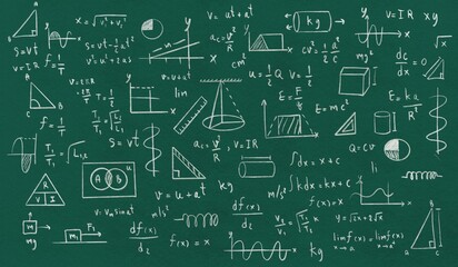 Education concept, formula, equation on green board, mathematics, physics, scientific calculation, geometric shapes, green board background