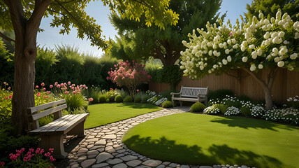 A peaceful garden with a stone pathway leading to a hidden bench beneath a flowering tree. Background
