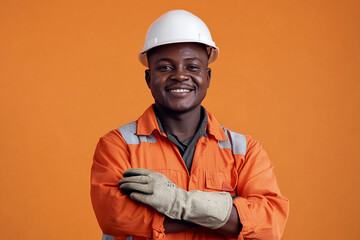 Worker wearing hard hat smiling positively