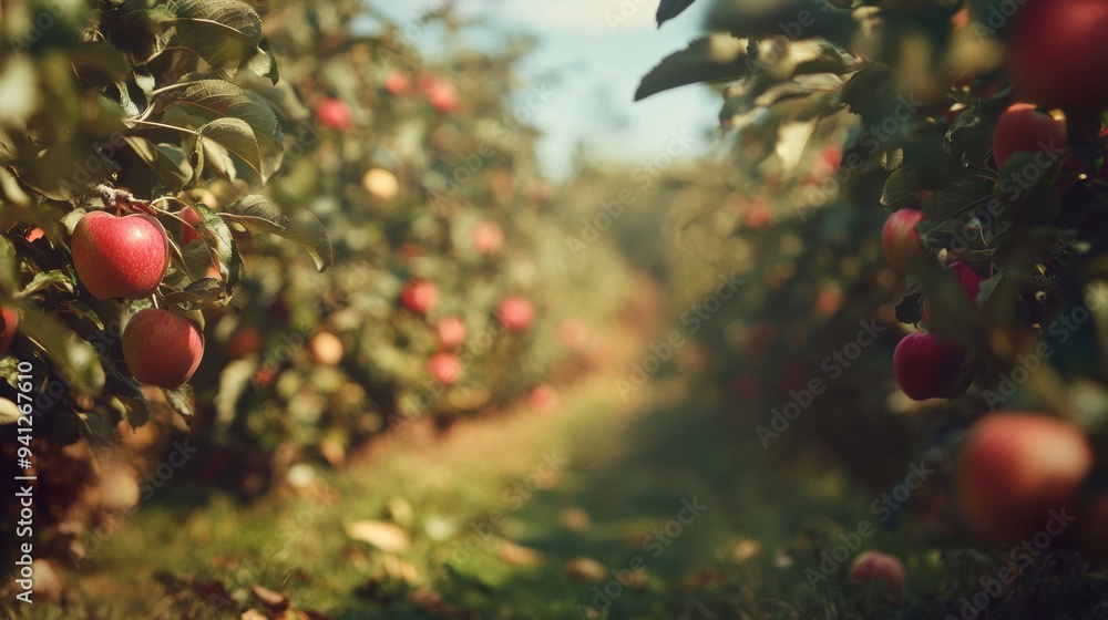 Poster a field of apples with leaves on them in a row, ai