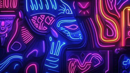 Bright neon geometric patterns illuminate a dark background, creating a captivating digital artwork with a futuristic vibe