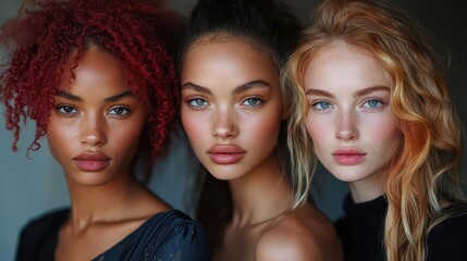 Obraz premium striking portrait of diverse women showcasing natural beauty and radiant skin soft lighting minimalist backdrop empowering expressions