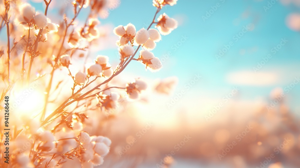 Poster a close-up of a group of flowers with sunlight filtering through cloudy skies in the background