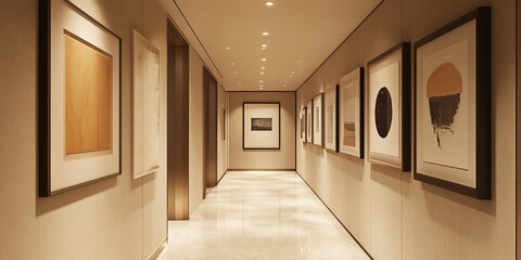 A curated gallery wall in a neutral-toned hallway with recessed lighting