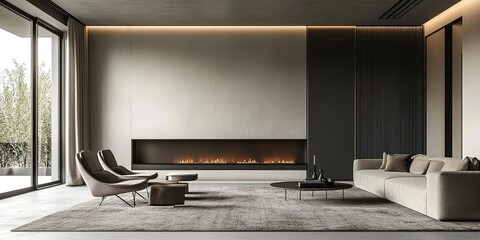 A chic, modern living room featuring a recessed fireplace with a sleek design, minimalist furniture in neutral tones, a large area rug, and tasteful, understated decor