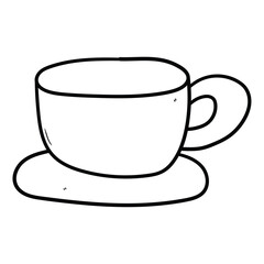 Hand drawn doodle coffee cup and saucer on white background.