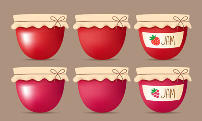 Glass jars with raspberry and strawberry jam. Vector set.