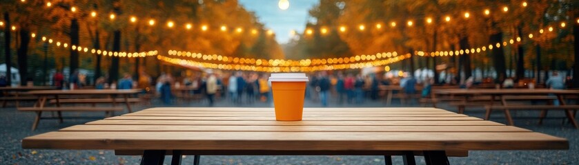 A beautifully lit outdoor dining setup, featuring a wooden table and warm string lights in a cozy atmosphere.