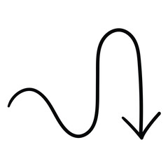 Hand drawn doodle of a curved arrow pointing down on a white background.