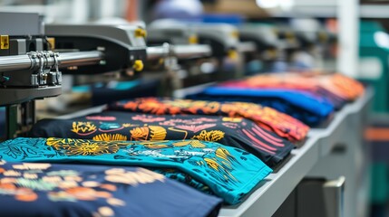 Colorful printed shirts on a conveyor belt in a sublimation and dts printing setup.