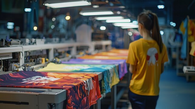 A worker oversees colorful t-shirts being printed in a factory, illustrating the dtf printing process.