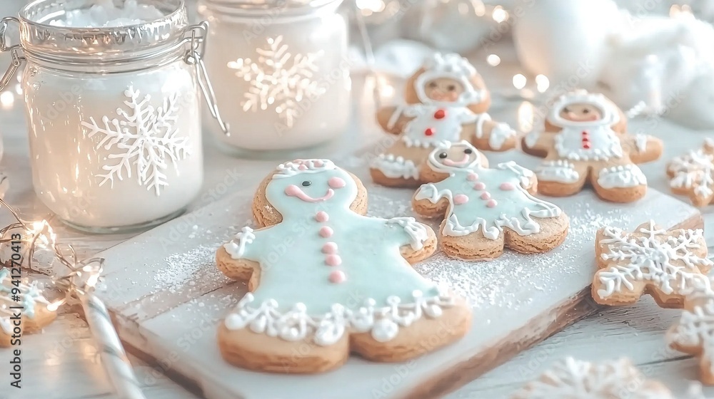 Aufkleber a close-up of a plate of cookies on a table surrounded by snowflakes and mason jars in the backgroun