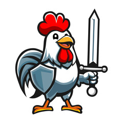 a rooster with a sword and shield on it