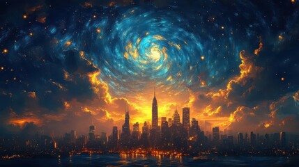 surreal cityscape floating in swirling van goghinspired sky vibrant blue and gold brushstrokes creating dreamlike atmosphere