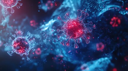 3D illustration of a medical backdrop featuring abstract virus cells integrated with cyber inspired particle design