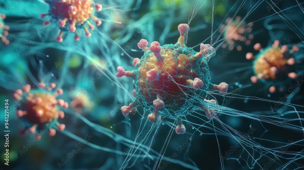 Poster 3d illustration of a virus molecule set against a backdrop of chaotic lines representing concepts in
