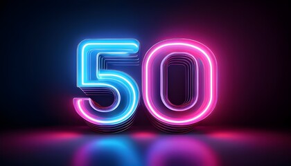 3d neon light number 50 glowing in the dark, pink blue neon light	