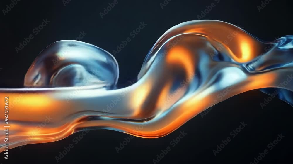 Poster metallic abstract flowing fabric with orange and blue reflections, creating a dynamic and futuristic