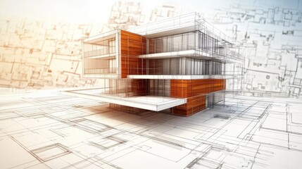 3D illustration of an architectural drawing concept sketch