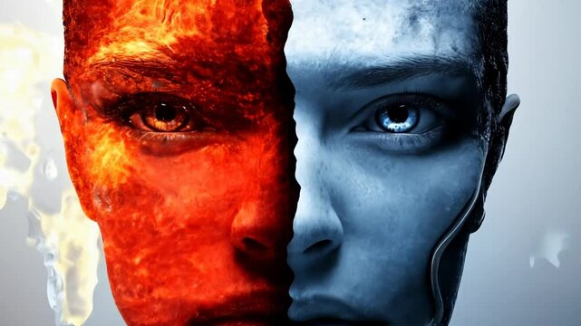 Split face with one side in fiery orange and the other in icy blue, symbolizing a battle between fire and ice