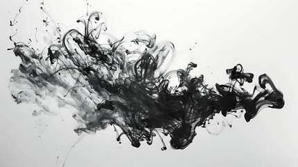 A black ink cloud expands and twists in a liquid medium, creating a chaotic and abstract design against a white background.