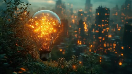 surreal ecofriendly city growing from giant light bulb bioluminescent plants floating islands ethereal glow