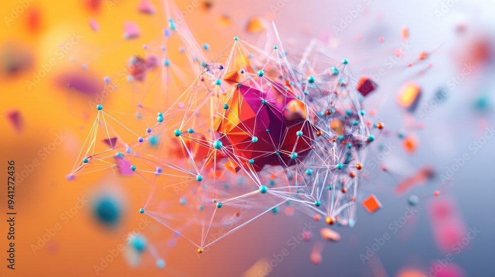 Poster 3d low poly digital object featuring interconnected lines and dots vibrant geometric wireframe struc