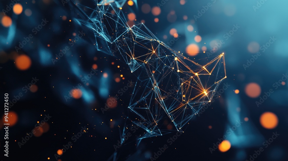 Poster 3d low poly digital object featuring interconnected lines and dots vibrant geometric wireframe struc