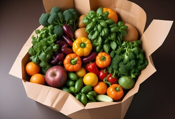 Healthy food background with a paper bag overflowing with fresh herbs like basil and parsley, crunchy vegetables like cucumbers and bell peppers, and juicy fruit