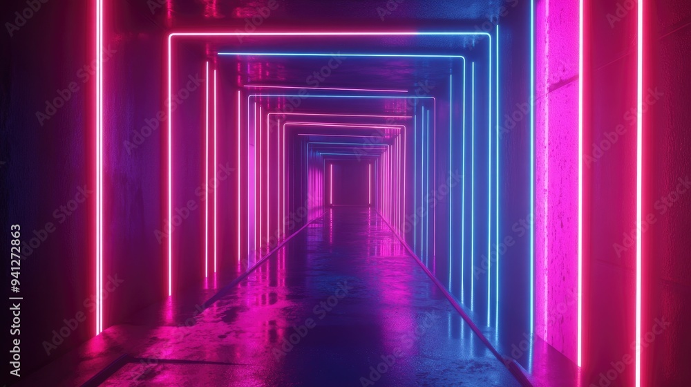 Poster 3d render featuring vibrant neon lines illuminating a dark space minimalist geometric design with an